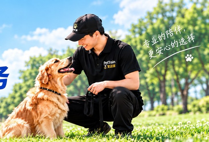 宠训家训犬师在户外与金毛犬互动